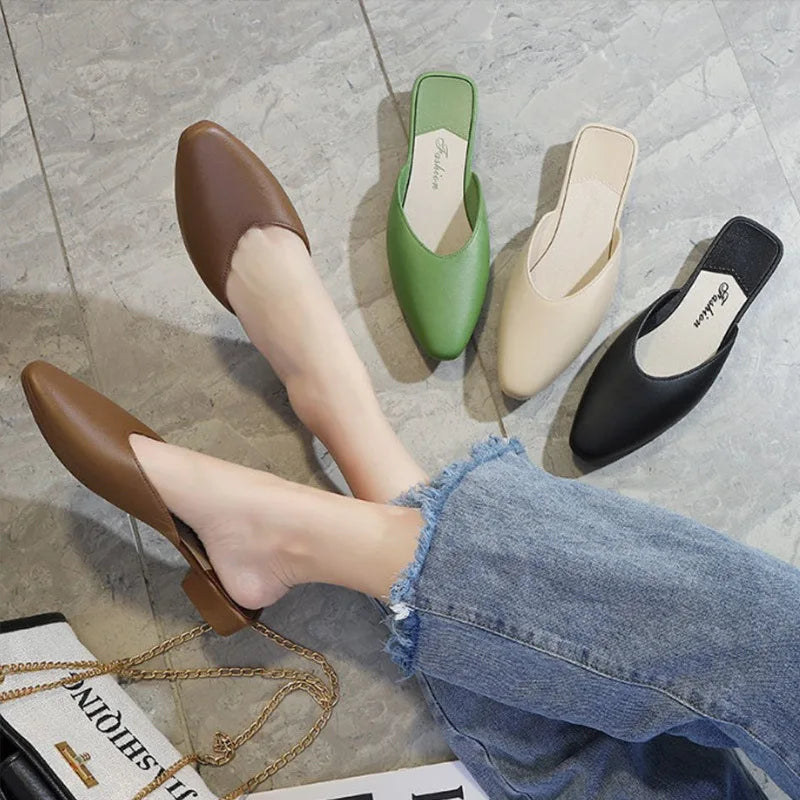 Women's Summer Outdoor Wear Pointed Toe Faion Mule Slippers Flat Bot f Cover Single oes mat Sle Daily Use ...