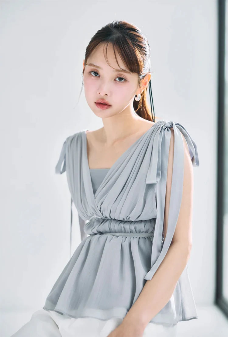 Women's Tops Summer Bow Tie Sweet Elegant Blouse Femme V Neck Shirt Waist-Cinching Japanese Style Sleeveless Chiffon Blouse