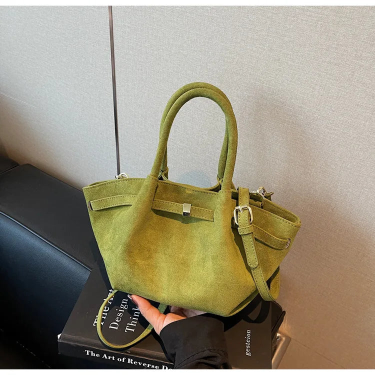 Matte Leather Suede Tote Handbags for Women Large Capacity Retro Shoulder Bag Fall Winter Belt Design Female Crossbody Bags