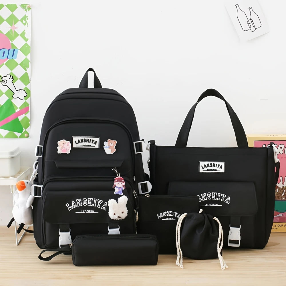 A Set of 5 Bags Including a Spacious Backpack, Perfect for Back-To-School Season Includes a Small Duck And a Rabbit Accessory