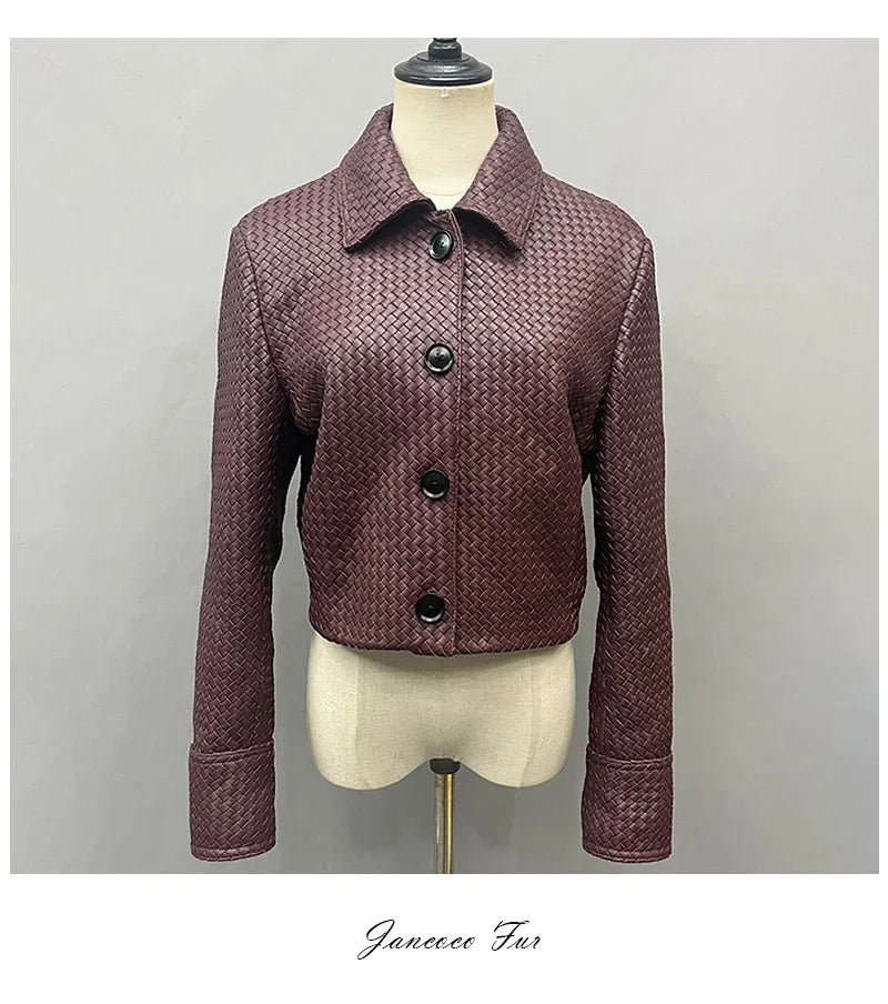 2025A Spring Autumn Knitted Jacket Real Leather Jacket Lady Fashion Blazer Women Genuine Sheepskin Leather Coat