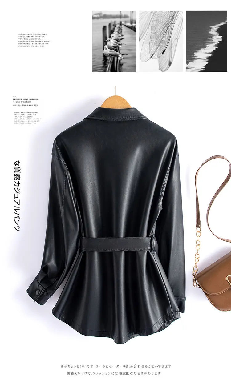 Sheepskin Leather Jacket Women Fashion Irregular Turn-down Collar Lace-up Belt Chic Office Ladies Real Split Leather Jacket Coat