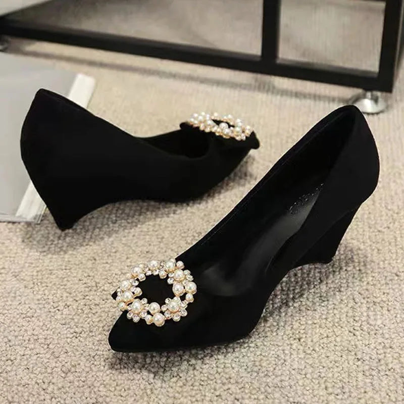 Slope Heel Fashion Shoes Women Spring New Water Diamond Pointed Shallow Mouth Soft Sexy High Heels Women Black Retro Footwear 43