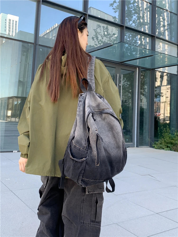 Men's and Women's Backpacks, Student School Bags, Large-Capacity Washed Denim Bags