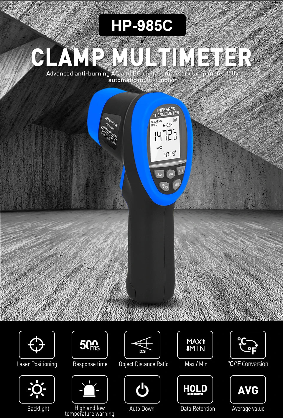 Infrared Thermometer Non-Contact Digital Laser Temperature Gun with -50°C~800°C, Adjustable Emissivity for Cooking/BBQ/Freezer