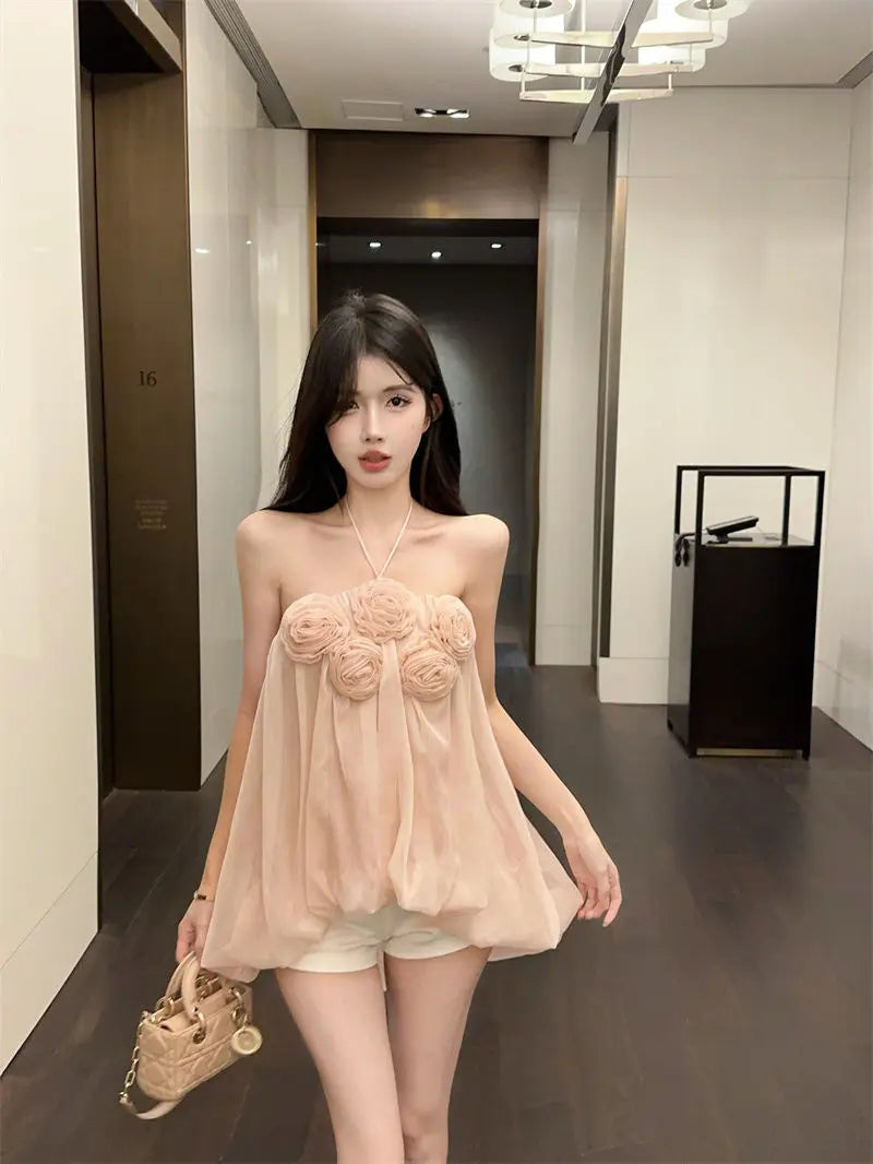 Summer Floral Strapless Tube Top Elegant Blouse Tank Lady Top Y2k Top Cute Fashion Corset Top Mesh Top Sexy Chic Tank Top Women