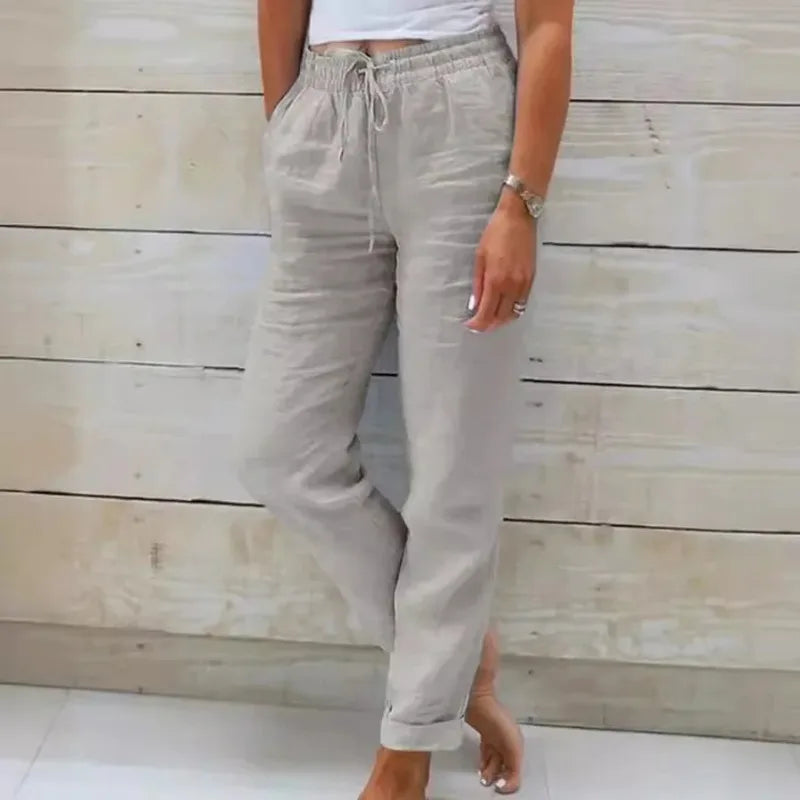 Cotton Linen Pants For Women Fashion Streetwear Elegant Summer Casual Solid Color Trousers High Waist Elastic Straight Pants