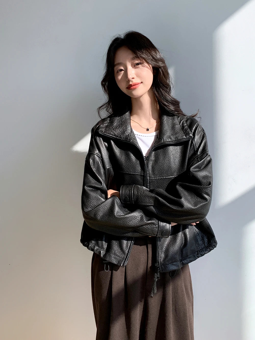 Vintage Genuine Leather Cropped Jackets for Women Spring Autumn 2025 New High-end Simple Stand Collar Bubble Real Sheepskin Coat