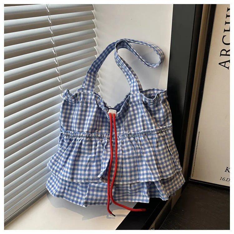 Women's Tote Bag Ruffles Plaid Drawstring Handbag Women Fashion Canvas Shoulder Bags	Large Capacity Korean Bags Bolsos De Mujer