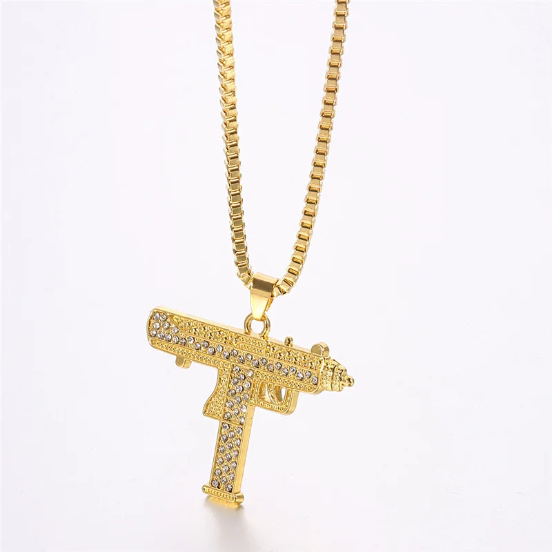 Gold Plated Uzi Gun Pendant Necklace for Men Full Crystal Bling Submachine Chain Hip Hop Accessory Male Jewelry