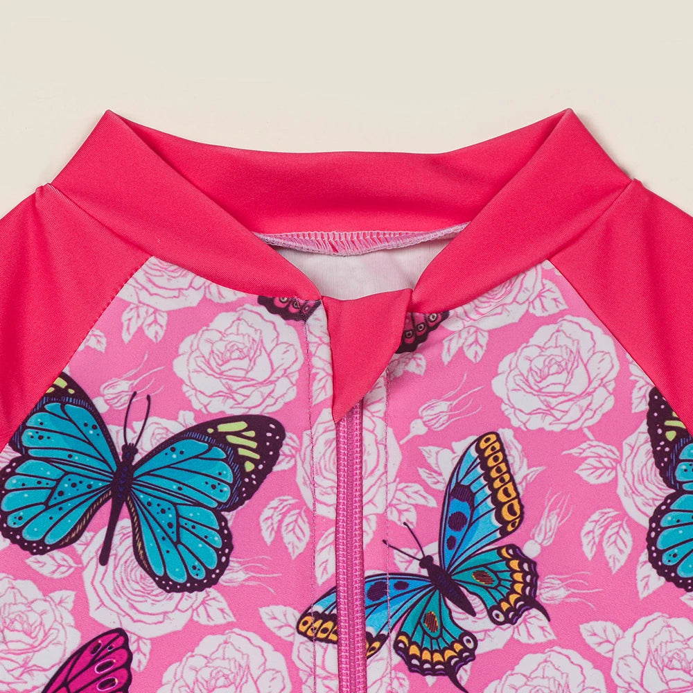 Long Sleeve Bathing Suits for Girls One-Piece Swimsuit Butterfly Print Zipper Ruffled Swimwear Swim Shirts for Surfing