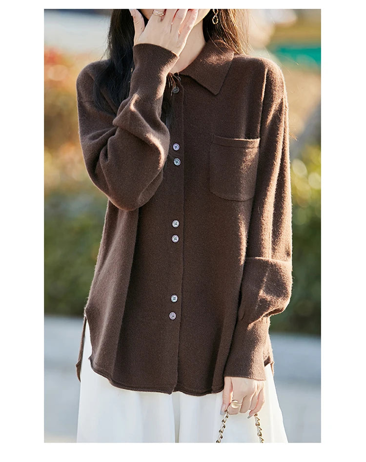 POLO Collar Wool Sweater 100 Pure Wool Spring And Autumn New Knitted Women Loose And Slimming Cardigan ZA682