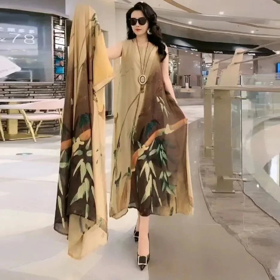 Authentic Silk Dress for Mother, Silkworm Loose Dress, High-End Print, 2-Piece Dress, Women's Dresses, Spring, Summer, New, 2023