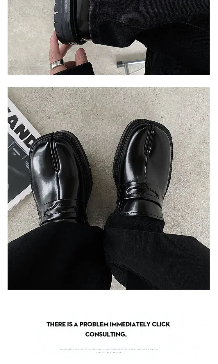 Maganda Split toe horseshoe shoes for men's thick sole Lefu shoes Tabi shoes patent leather shoes Korean version trend casual