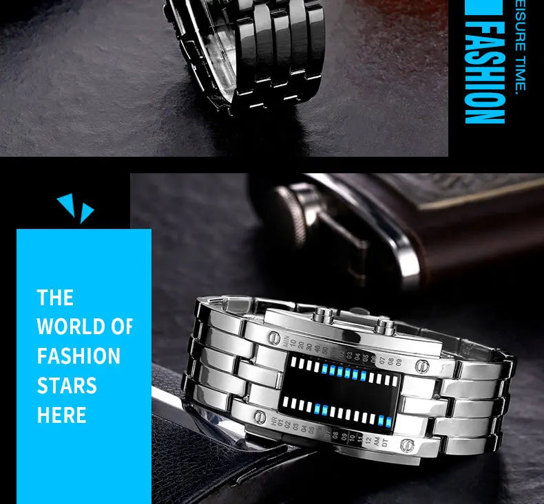 Men Watch 50m Waterproof Lava Watch Double Row Lamp Led Watch Male Binary Steel Band Electronic Sport Watch Relogios Masculino