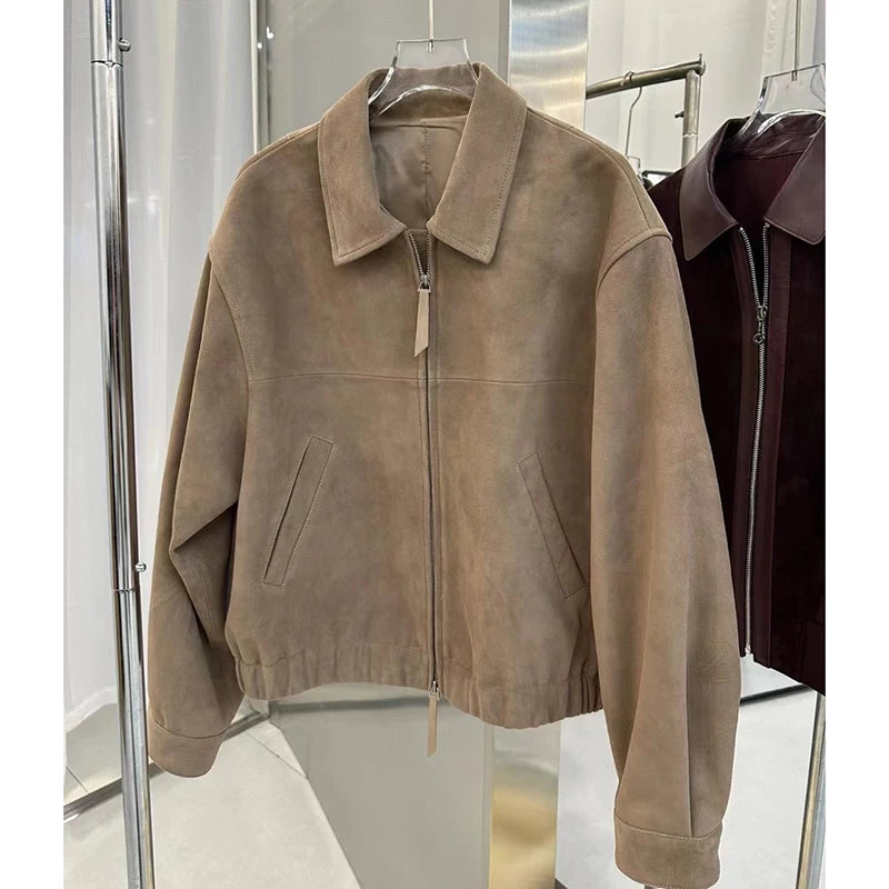 Suede Jacket Women Silky Soft Lambskin Retro Old Money Style Wide Shoulder Casual Baseball Leather Coat Chaqueta Ante Real Mujer