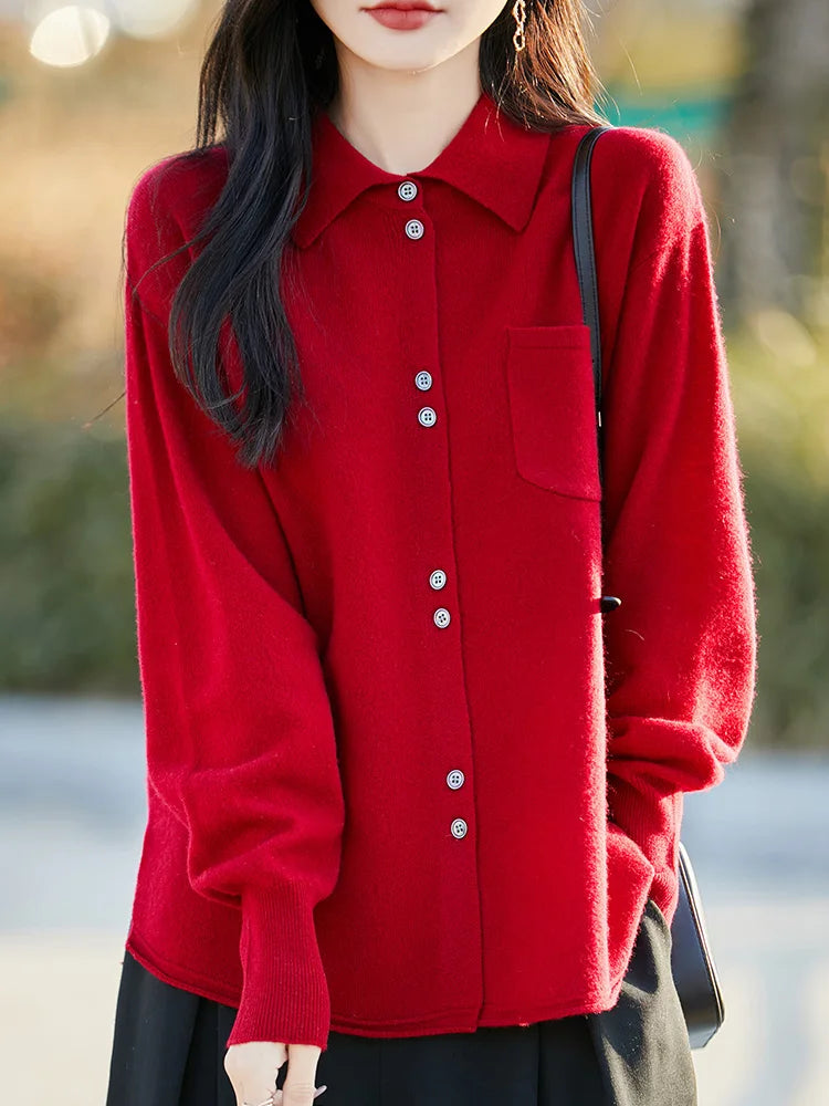 POLO Collar Wool Sweater 100 Pure Wool Spring And Autumn New Knitted Women Loose And Slimming Cardigan ZA682