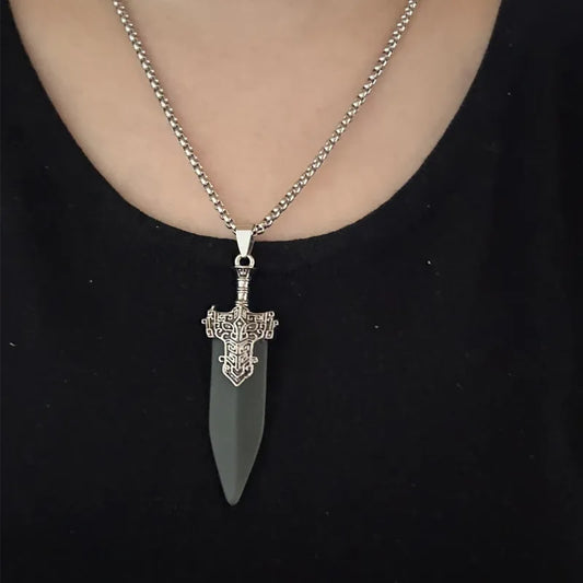 Game Jewelry Men Imitation Jade Sword Necklace Hip hop Necklace Green Vintage Stone Pendant For Man Fans Gifts