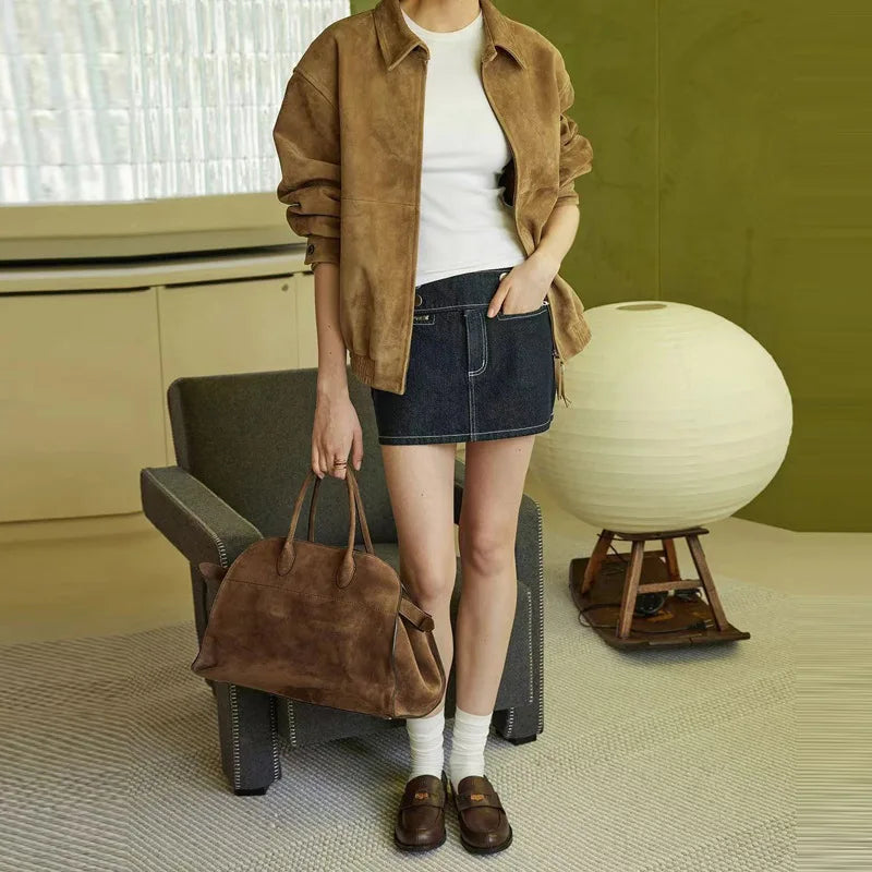 Brown Suede Jacket Spring Women Sheepskin Vintage Old Money Style Wide Shoulder Casual Baseball Leather Coat Giacca Pelle Donna