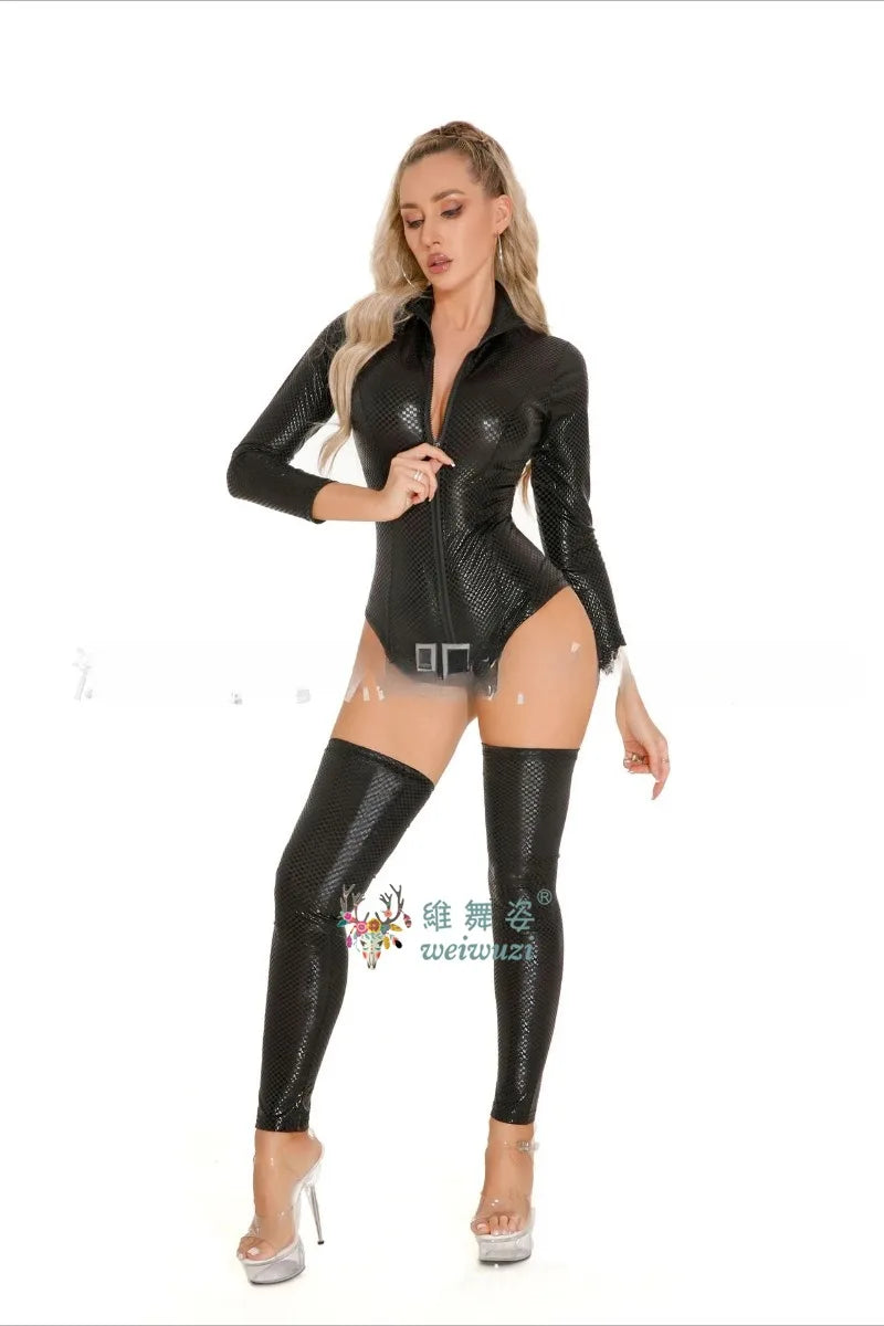 Lingerie Women Latex Leather Bodysuit with Belt Plus Size Rompers Shapewear Nightclub Outfit Cat Girl Porn Underwear