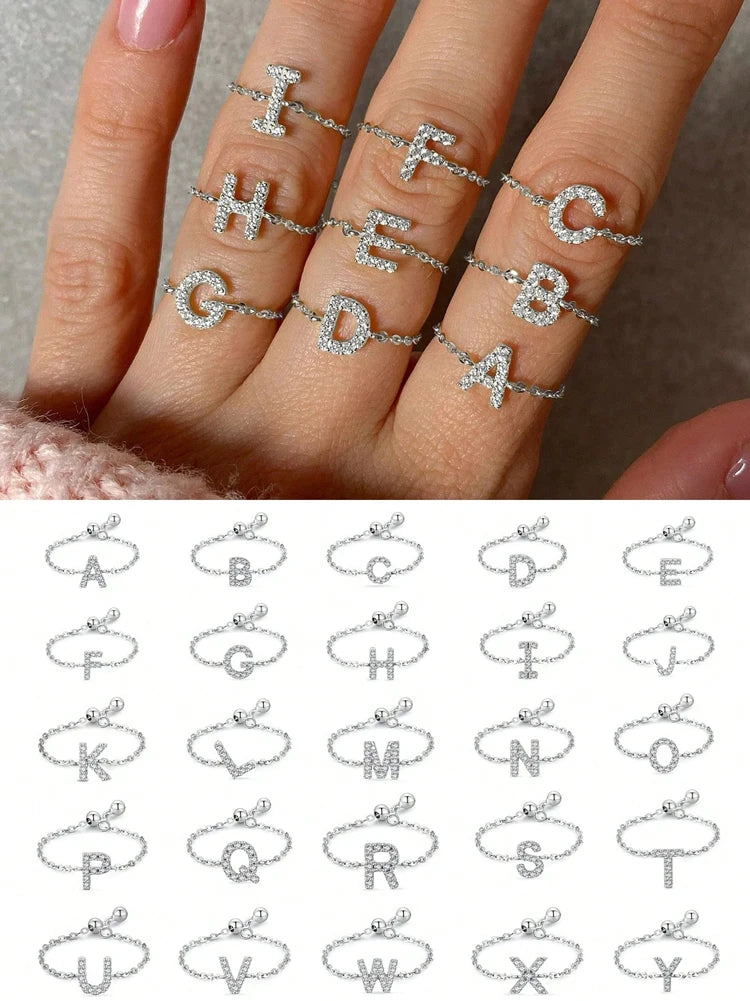 925 Sterling Silver Fashion Letter Chain Adjustable Full Zircon Ring For Women Party Personalized High Quality Fine Jewelry