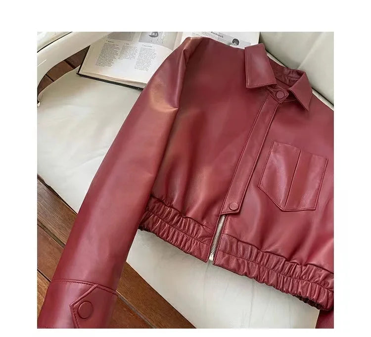 European 2025 New Fashion Short Leather Jacket For Women Casual Elastic Band Waist Top Clothing Mujer Varsity Claret Veste