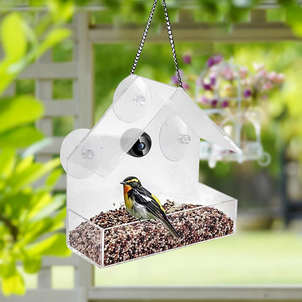 Smart Birds Hanging Feeder Acrylic with Camera Feeding House Transparent 1080P HD Easy Installation for Outdoor Garden