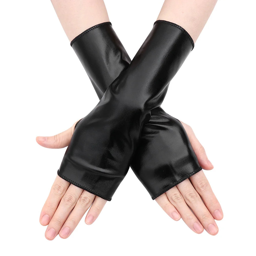 Men Women Hip-Hop Dance PU Mittens Black Gloves Halloween Leather Gloves Dress Up