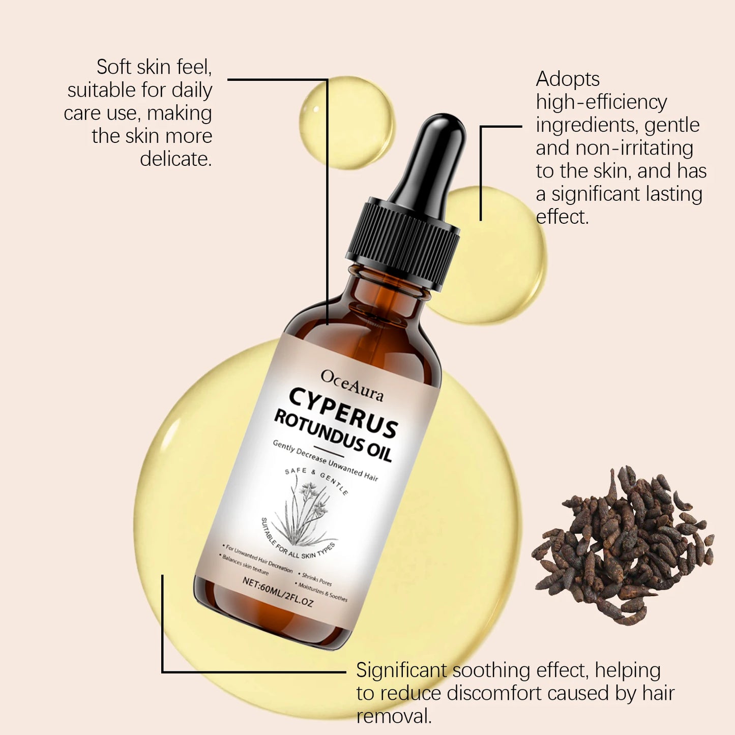 Pure Cyperus Rotundus Oil for Hair Removal Essence Reduce Armpit Arms Body Hair Inhibitor Shrink Pores Smooth Skin Care Serum