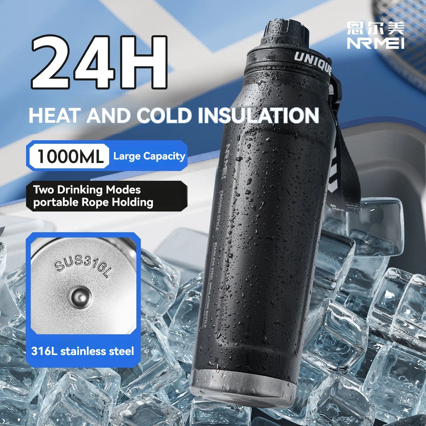 1L Insulated Stainless Steel Bottle Thermos Water Cup Qutdoor Sports with Handle Vacuum Double Wall Flasks