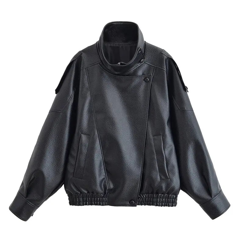 Loose Design Women's Leather Jaet ort Outerwear Warmth Ladies Faion Autumn New Sle Zipper Closure No Hat