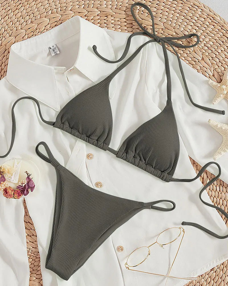 Bathing Suit Women Sexy Solid Halter Swimsuit Special Stripe Fabric Bikini Set Drawstring Lace Up Two-piece Split Beach Biquini