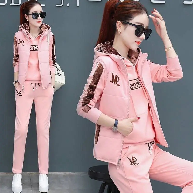 Women's Casual Sweat Suit 2025 Autumn Winter New Fashion Plush Thickened Hooded Tops Waistcoat Pants 3 Three Piece Set For Women