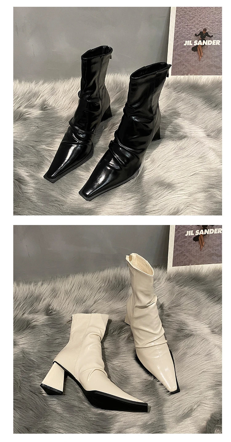 Horse Boots Female Ins Pointed Pink Skinny Boots 2023 Winter New Patent Leather Thick with Fashion High Heel Short Boots