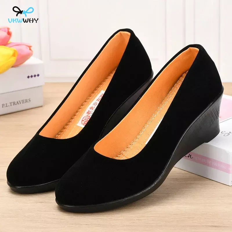 Women's 5cm Wedge Heels Workwear Ceremonial Cloth Shoes Black PU Office Ladies Spring Slip on Oxford Shoes Shallow Mouth Shoes