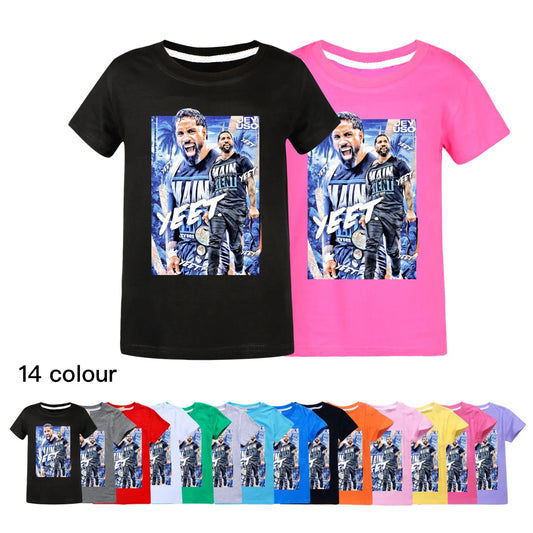kids T-shirts  Summer Wrestler Jey Uso Short Sleeve Clothes Cartoon Tshirt The Rise of Red Costume Children Birthday Tops3952