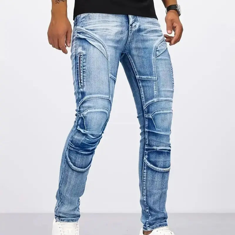 Two tone distressed patchwork jeans for men trendy jeans for summer thin straight leg pants slim fit small leg distressed jeans