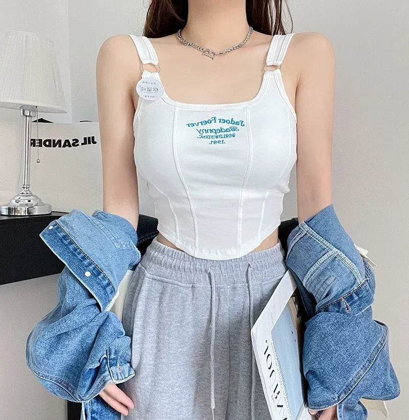 Women Summer Tops Sexy Camisole Square Collar Tank Top Y2k Slveless Female Crop Tops With Pad Fashion Vest Embroidery Letter
