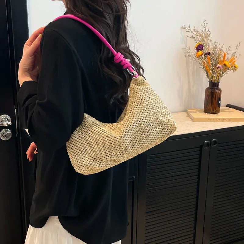 Women Woven Bag Summer Beach Holiday Handbag Portable Tote Bag Fashion Casual Big Capacity Leather Rope Women Shoulder Bags