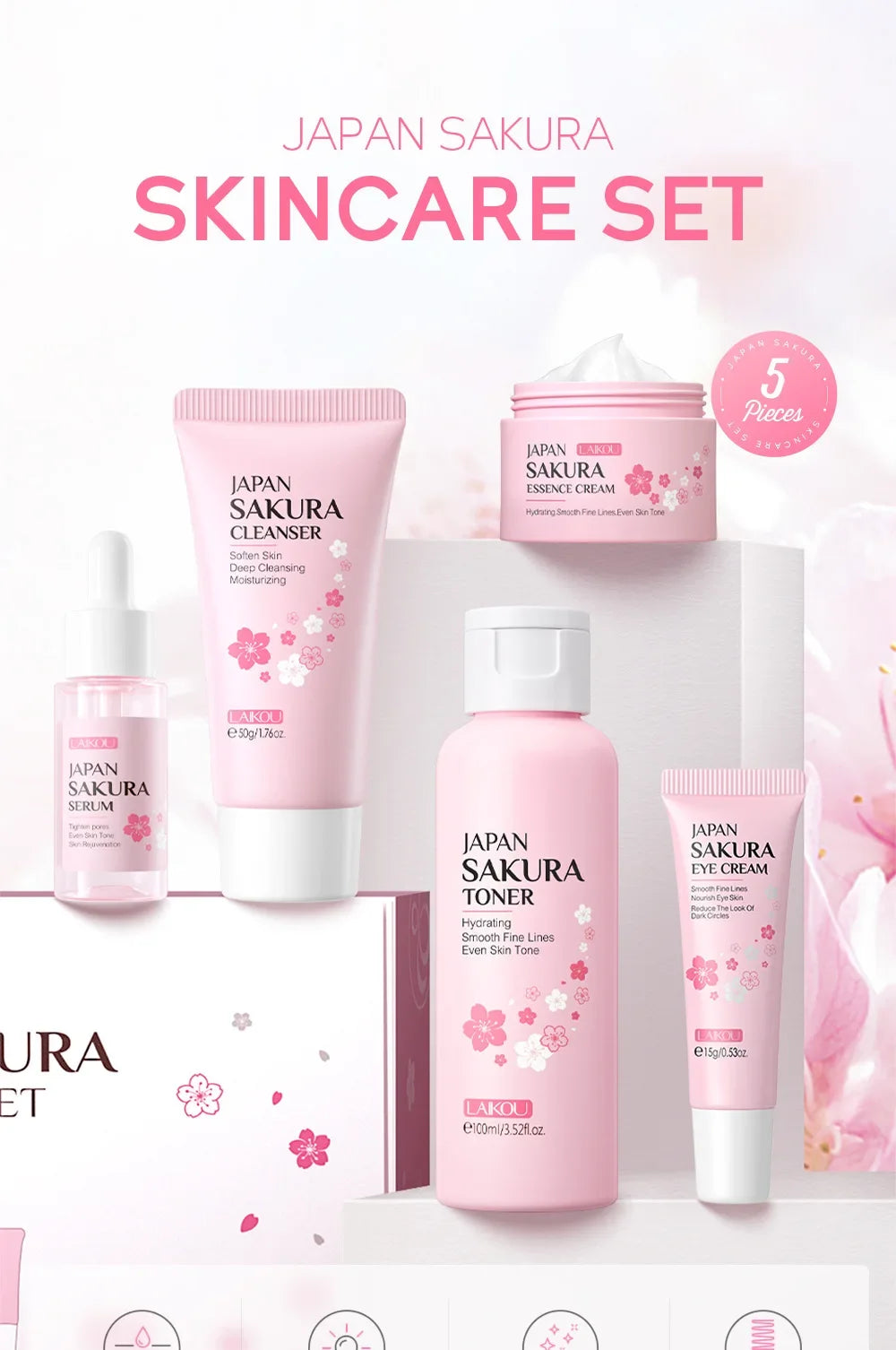 LAIKOU Sakura Kit Skin Care Sets Moisturizing and Reducing Fine Lines Cleansing Pore Product 5-Piece Korean Valentine's Day Gift