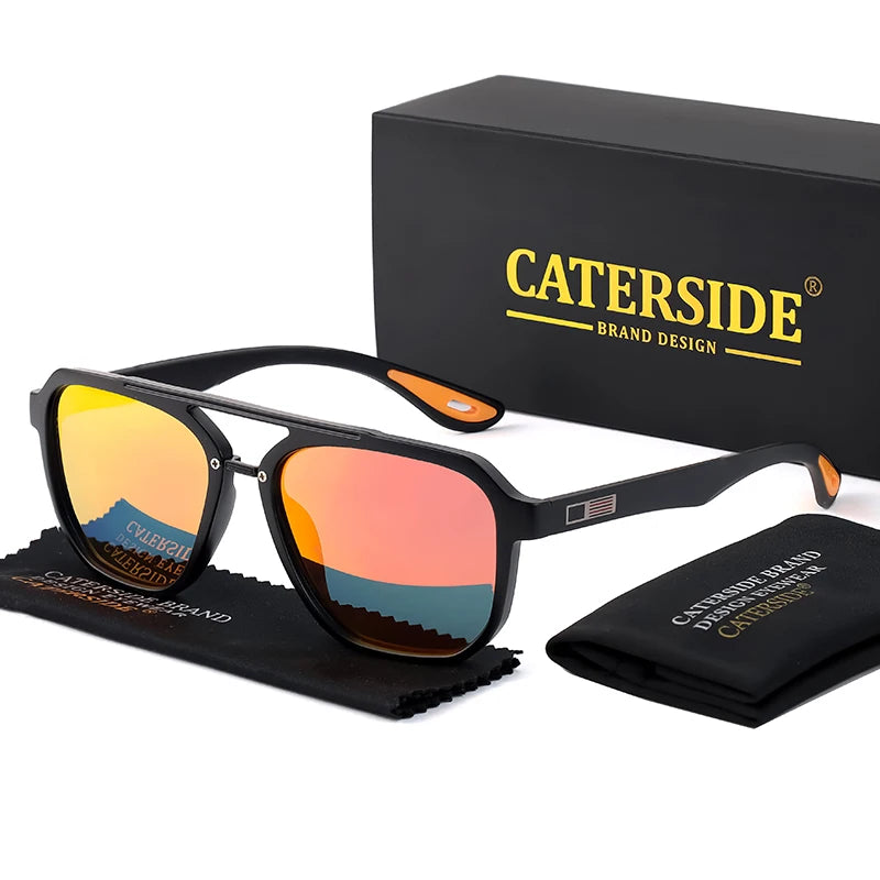 CATERSIDE New Polarized Sunglasses Men's Round Flat Top Double Bridges TR Frame Spring Hinge Women Sun Glasses Sports Driving
