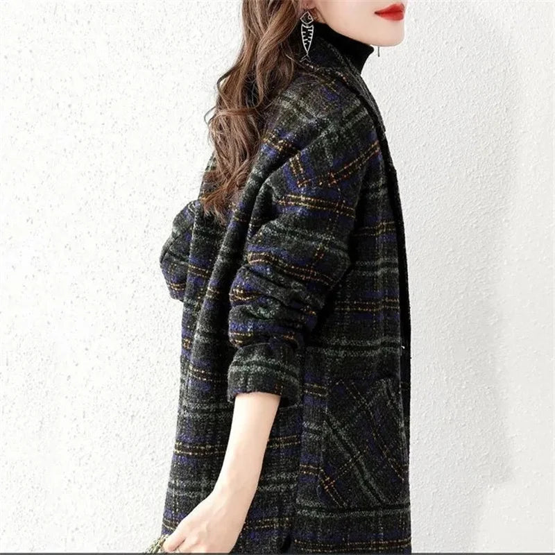Plaid Suit Woolen Coat Women Autumn Winter New Korean Fashion Loose Woolen Coat Mid-Length Wool Blazer Overcoat Woman Jacket
