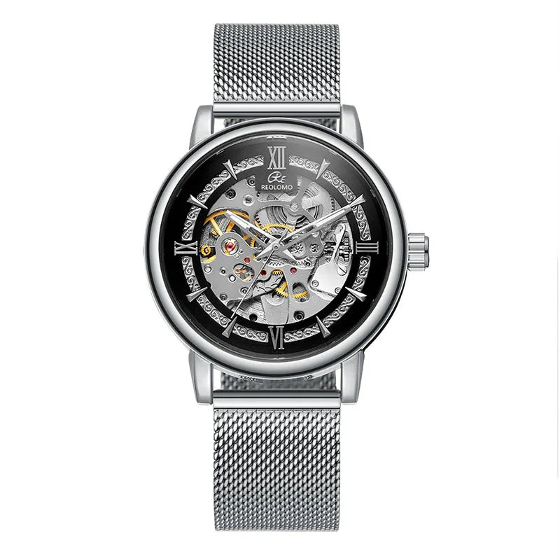 Men's automatic mechanical watch, European and American fashion hollow mechanical watch, woven mesh belt men's watch