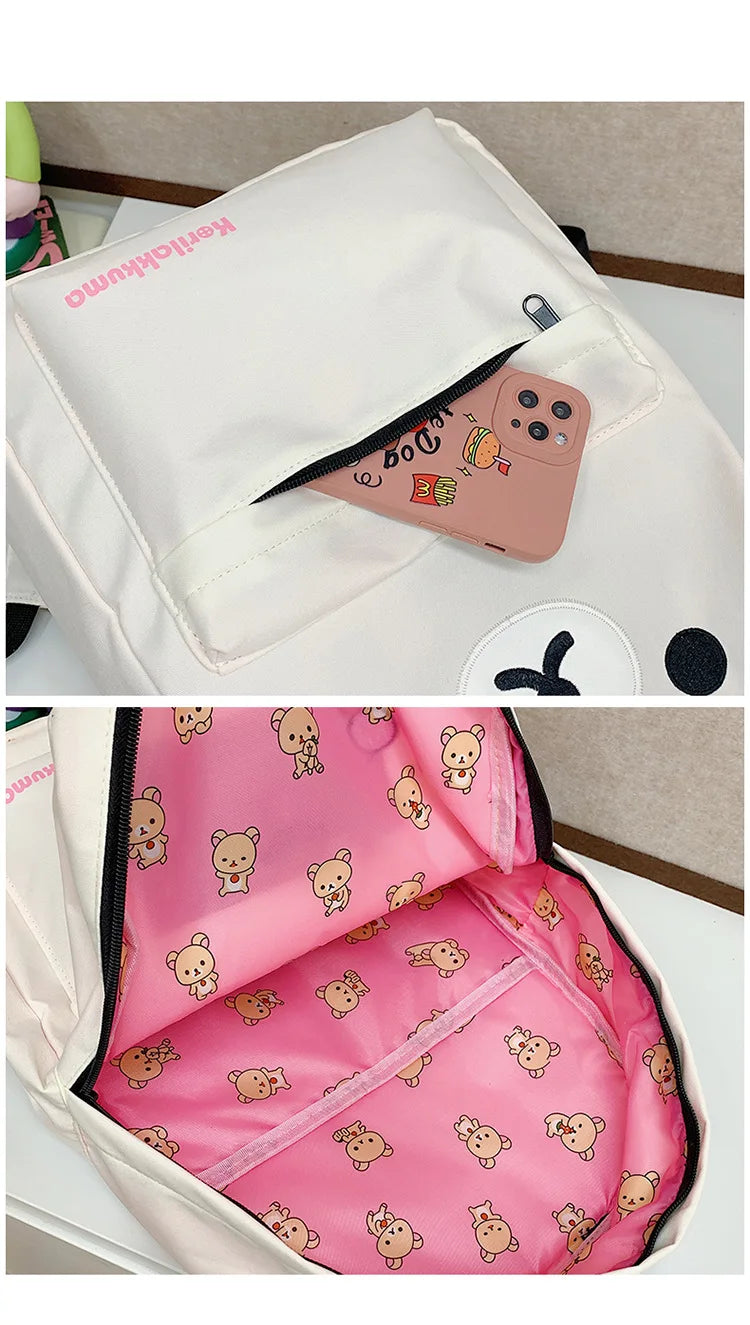 Rilakkuma Kawaii Cartoon Backpack Waterproof Nylon Large Capacity Embroidery School Bag For Young Adult Daily Travel Campus Work
