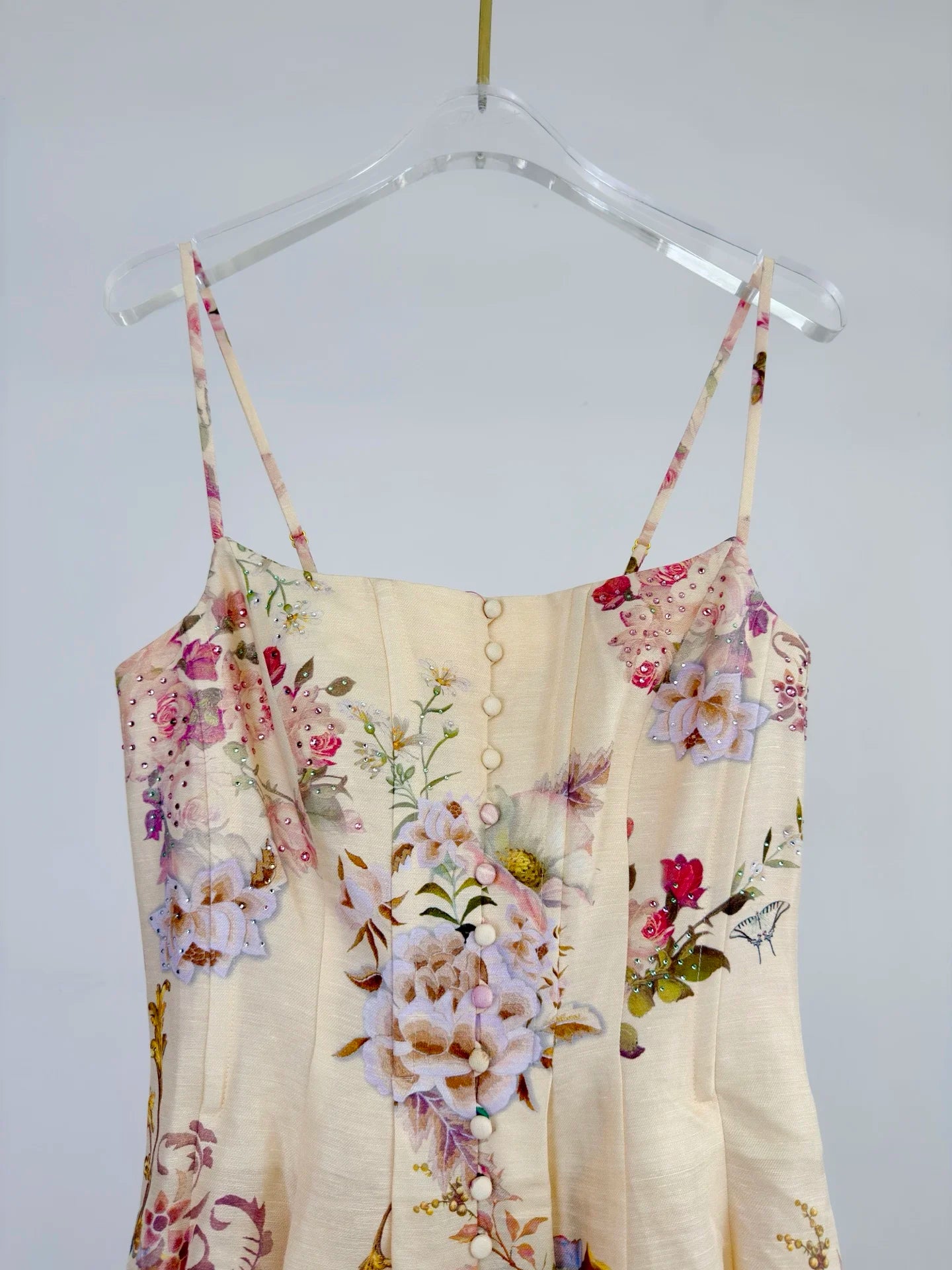Women Silk Flower Printed Long Dress Heavy Beaded V-Neck Lantern Sleeve Loose Female dress
