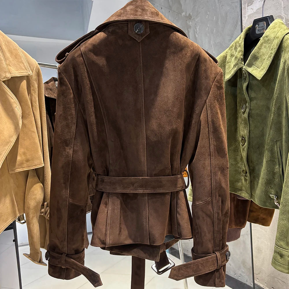 YOLOAgain Double Breasted Croc Pattern Leather Jacket Women 2023 Autumn New Genuine Leather Jacket Ladies