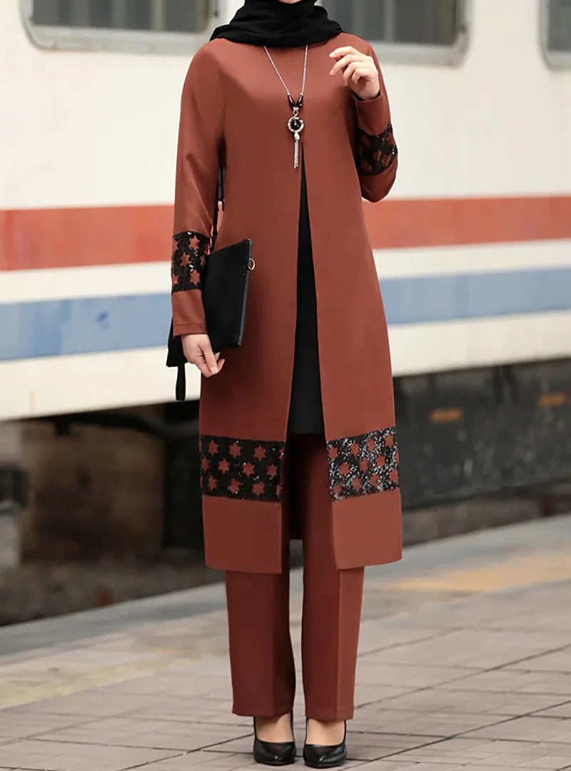 Islamic Ramadan Eid Muslim Dress Women 2 Piece Corset Suit Shirt Wide Leg Pants Dubai Abaya Lace Up Solid Color Kaftan Clothing