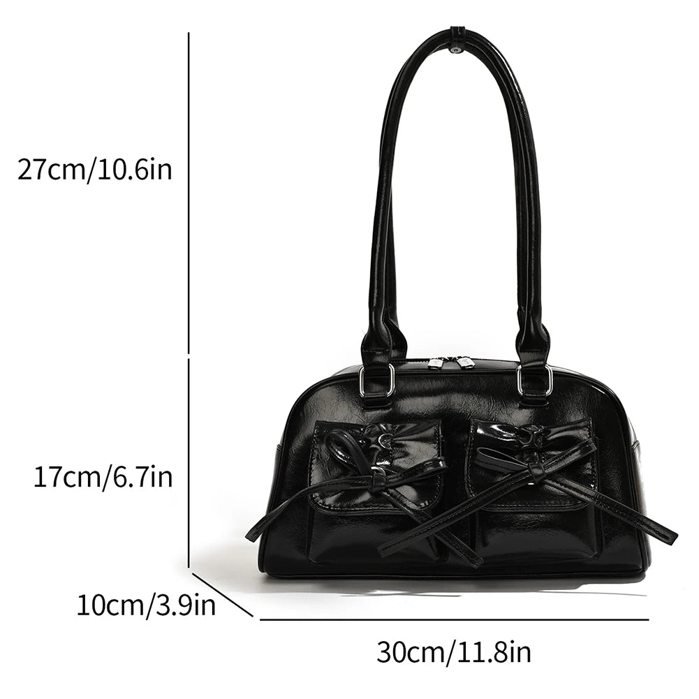 Women Trendy Handbags Double Pockets PU Leather Fashion Shoulder Bag with Bow Stylish Underarm Bag Solid Color for Outdoor Party