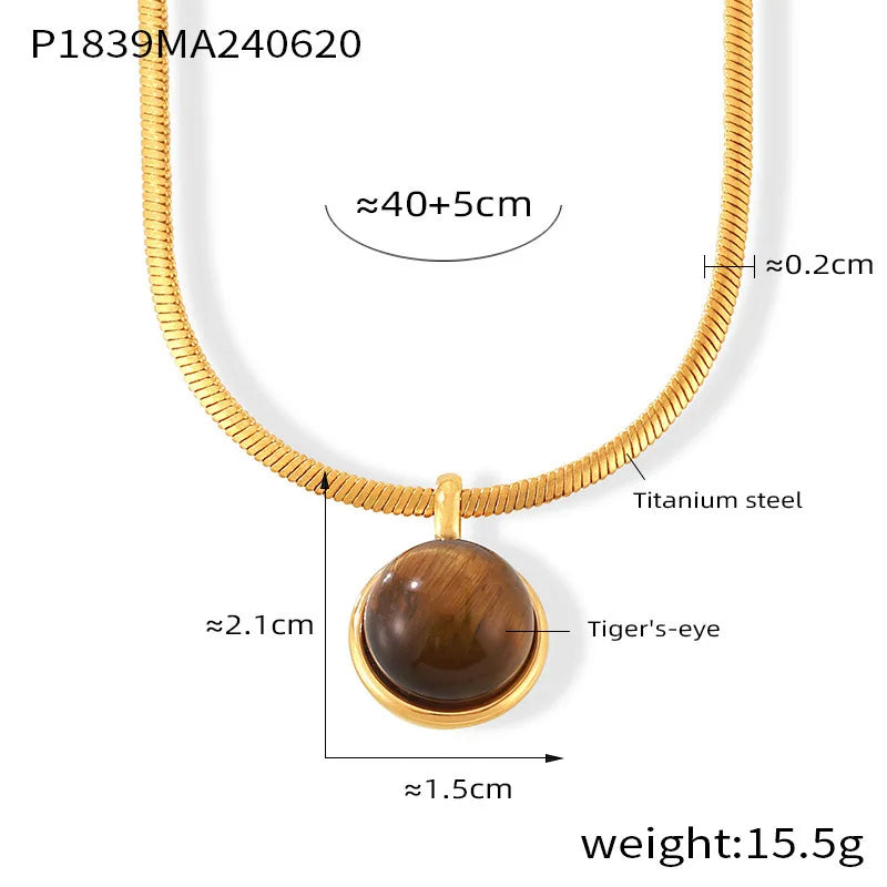 Women's Necklace with Retro Style Pearl Natural Stone Pendant Titanium Steel Lock Chain Fashionable Jewelry Accessories
