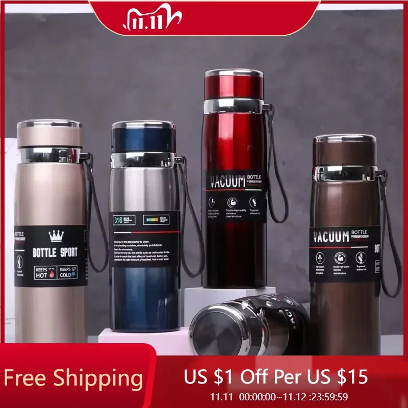 Vacuum Insulated Thermos Water Bottle with Wide Mouth Cup, BPA-Free Stainless Steel Water Bottles Flask for Cold & Hot Drink
